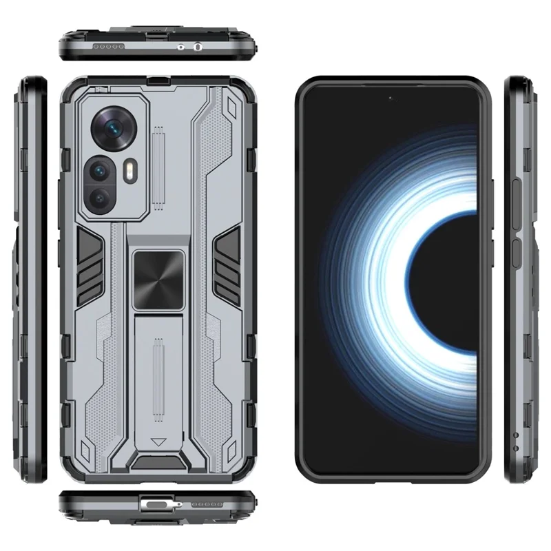 Para Xiaomi Redmi K50 Ultra 5G / 12T 5G Capa de Telefone à Prova de Queda com Suporte Anti-riscos Híbrida de PC Rígido e TPU Macio - Cinza