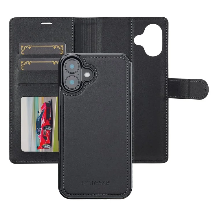 LC.IMEEKE L2 Serie für iPhone 16 Plus Hülle PU Leder Geldbörse Magnetisch abnehmbare Telefonabdeckung - Schwarz