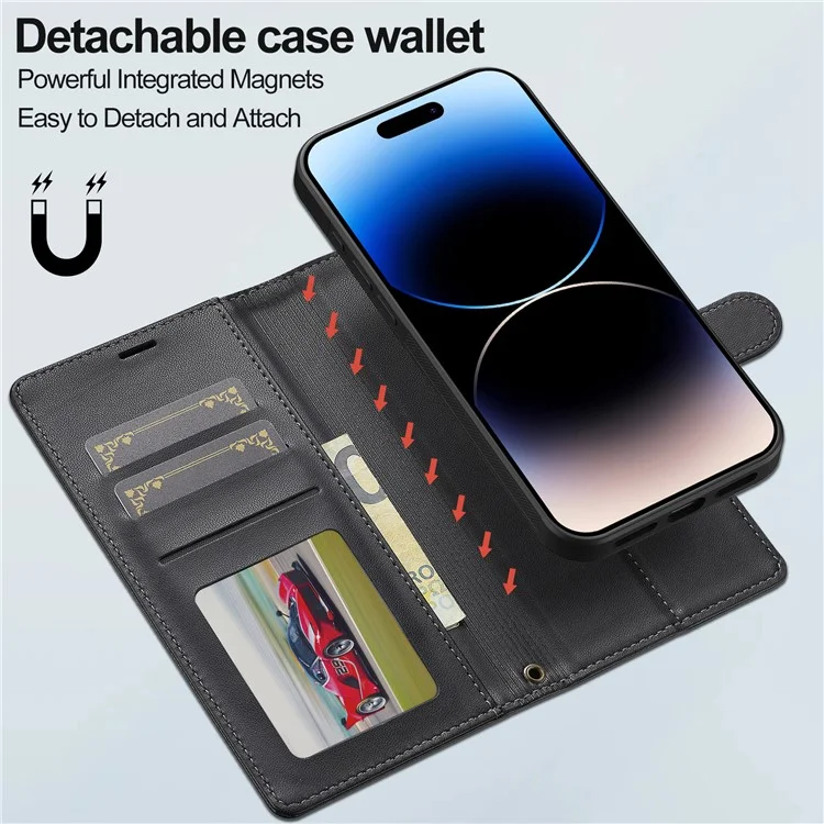 LC.IMEEKE L2 Serie für iPhone 16 Plus Hülle PU Leder Geldbörse Magnetisch abnehmbare Telefonabdeckung - Schwarz