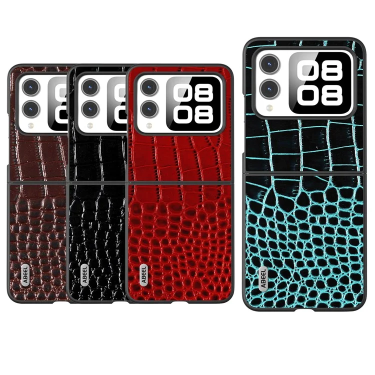 ABEEL For Huawei nova Flip 5G Case Genuine Cow Leather Back Phone Cover Crocodile Texture - Coffee