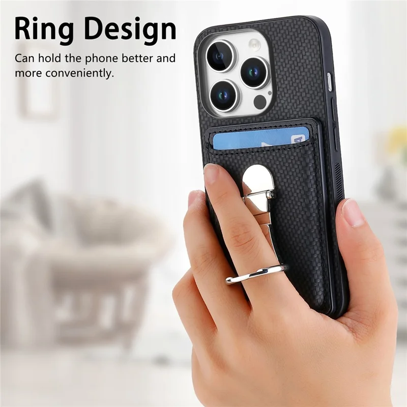 C1-9 Pour Iphone 16 Pro Max Case Kickstand Card Card Cover Back Cover Texture en Fibre de Carbone - Noir