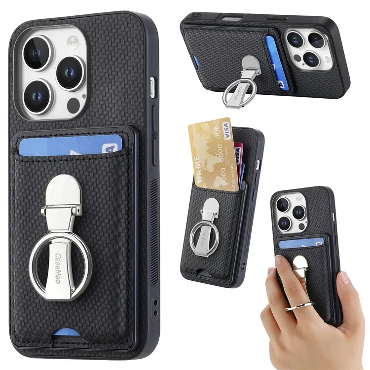 C1-9 Para Iphone 16 Pro Case Kickstand Card Slots Back Capa de Textura de Fibra de Carbono - Preto