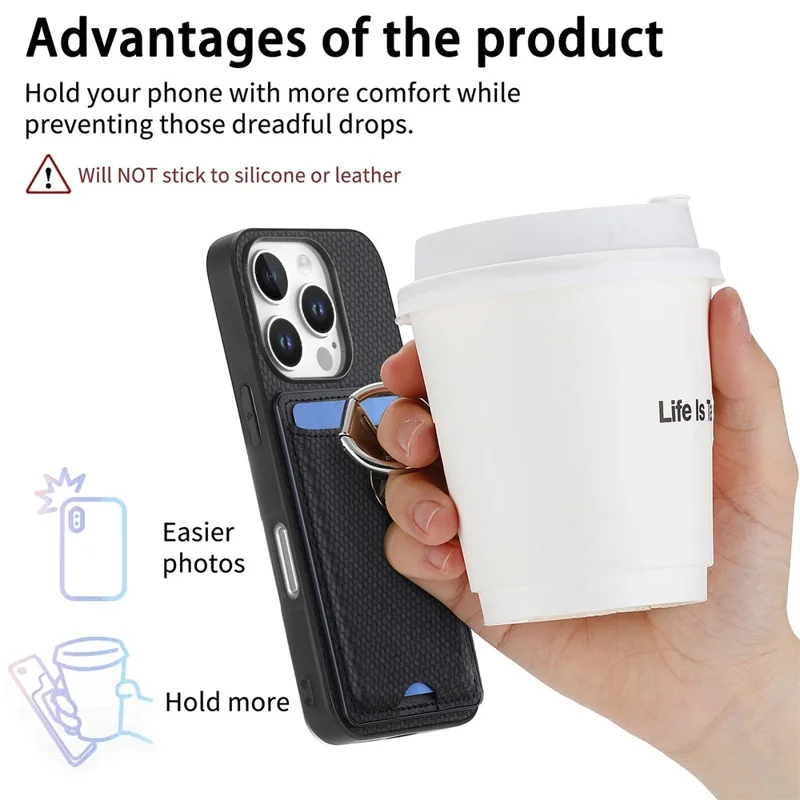 C1-9 Para Iphone 16 Pro Case Kickstand Card Slots Back Capa de Textura de Fibra de Carbono - Preto