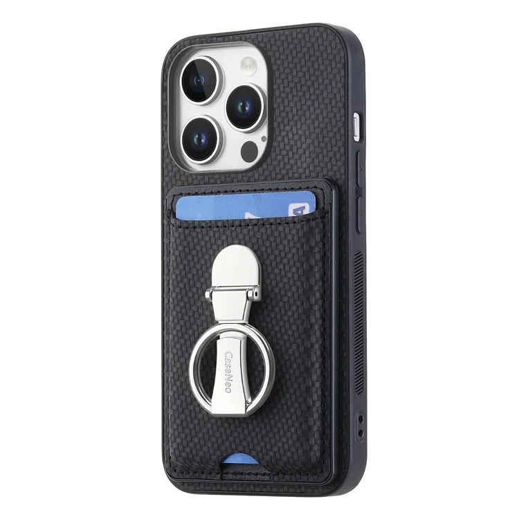 C1-9 Para Iphone 16 Pro Case Kickstand Card Slots Back Capa de Textura de Fibra de Carbono - Preto
