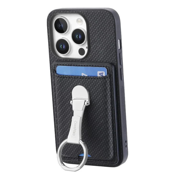 C1-9 Para Iphone 16 Pro Case Kickstand Card Slots Back Capa de Textura de Fibra de Carbono - Preto