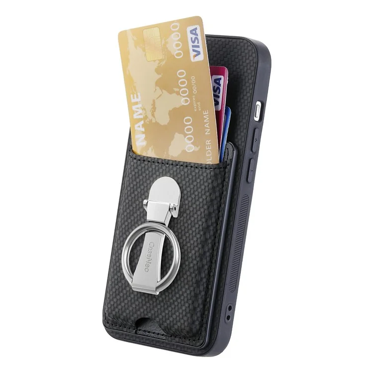 C1-9 Para Iphone 16 Pro Case Kickstand Card Slots Back Capa de Textura de Fibra de Carbono - Preto