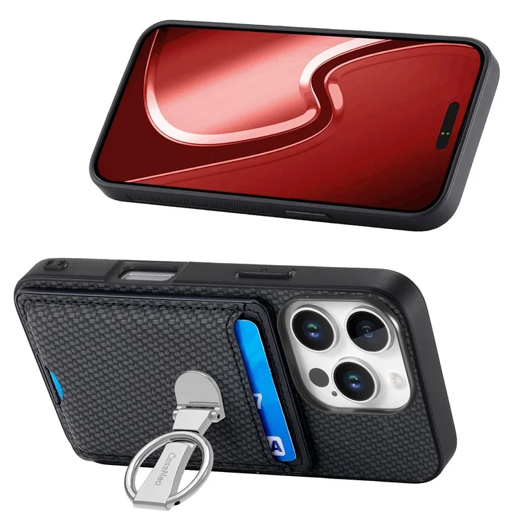 C1-9 Para Iphone 16 Pro Case Kickstand Card Slots Back Capa de Textura de Fibra de Carbono - Preto