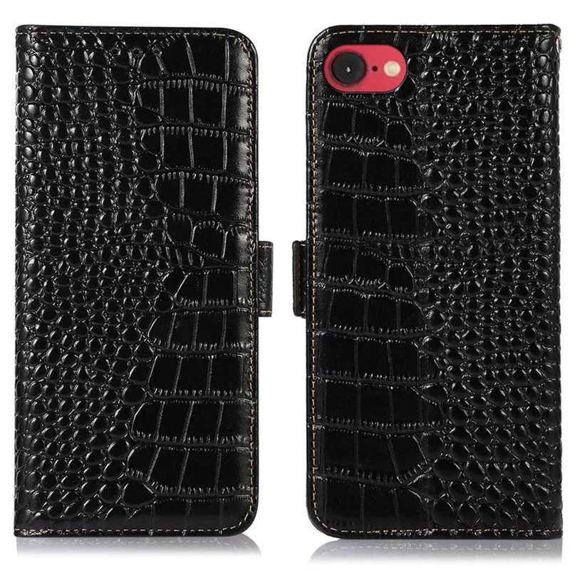 Para Iphone SE (2024) Case Crocodile Textura Cubierta de la Billetera de Cuero de Vaca Genuina - Negro