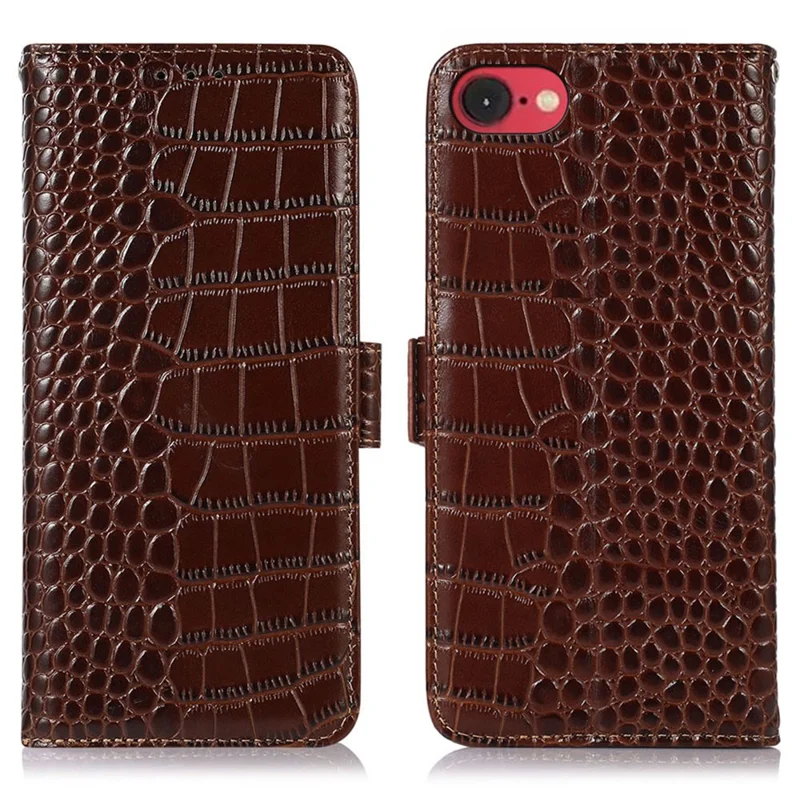 Para Iphone SE (2024) Case Crocodile Textura Cubierta de la Billetera de Cuero de Vaca Genuina - Marrón