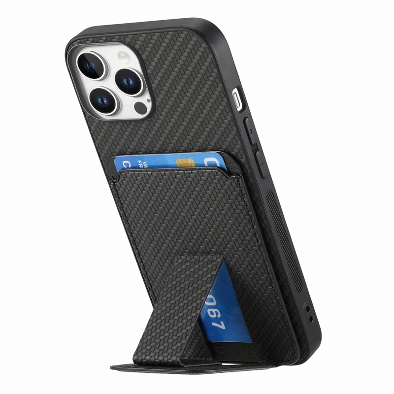 C1-11 for iPhone 16 Pro Max Case Card Holder Carbon Fiber Texture Leather Coated TPU Phone Cover - Black