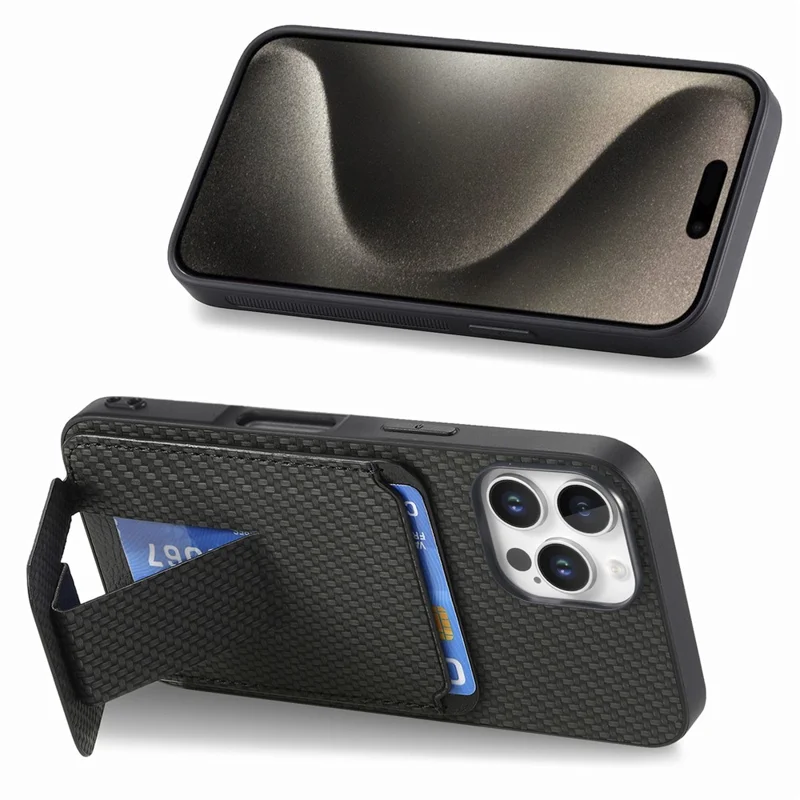 C1-11 for iPhone 16 Pro Max Case Card Holder Carbon Fiber Texture Leather Coated TPU Phone Cover - Black