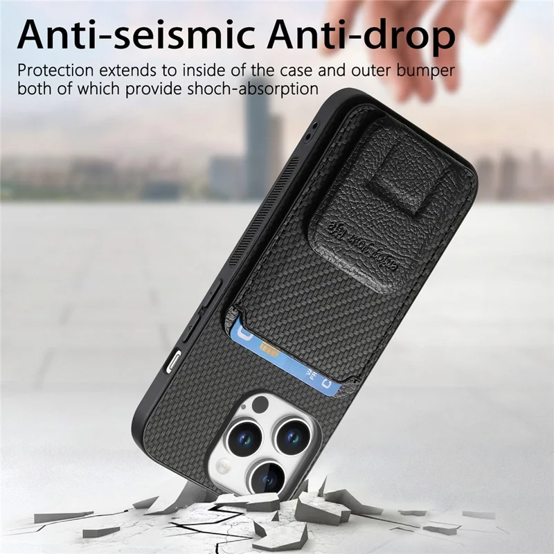 C1-11 for iPhone 16 Pro Max Case Card Holder Carbon Fiber Texture Leather Coated TPU Phone Cover - Black