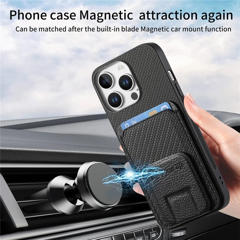 C1-11 for iPhone 16 Pro Max Case Card Holder Carbon Fiber Texture Leather Coated TPU Phone Cover - Black