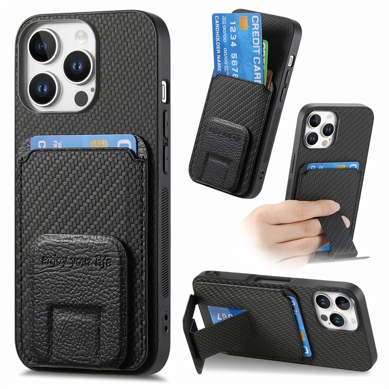 C1-11 for iPhone 16 Pro Case Card Holder Carbon Fiber Texture Leather Coated TPU Phone Cover - Black