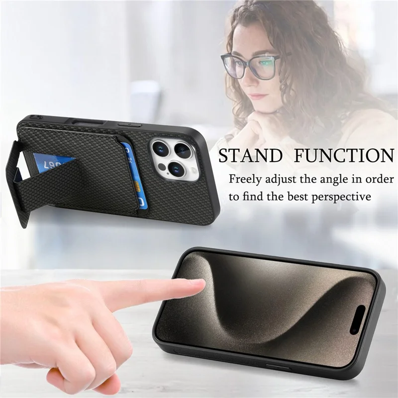 C1-11 for iPhone 16 Pro Case Card Holder Carbon Fiber Texture Leather Coated TPU Phone Cover - Black