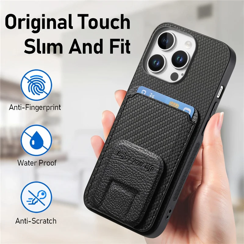 C1-11 for iPhone 16 Pro Case Card Holder Carbon Fiber Texture Leather Coated TPU Phone Cover - Black