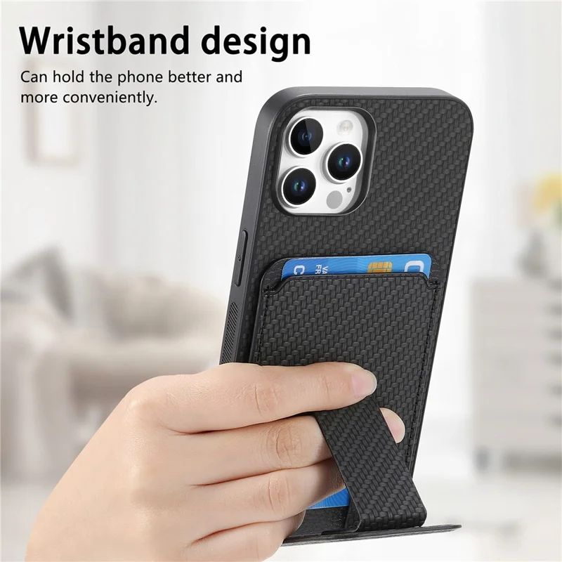 C1-11 for iPhone 16 Pro Case Card Holder Carbon Fiber Texture Leather Coated TPU Phone Cover - Black