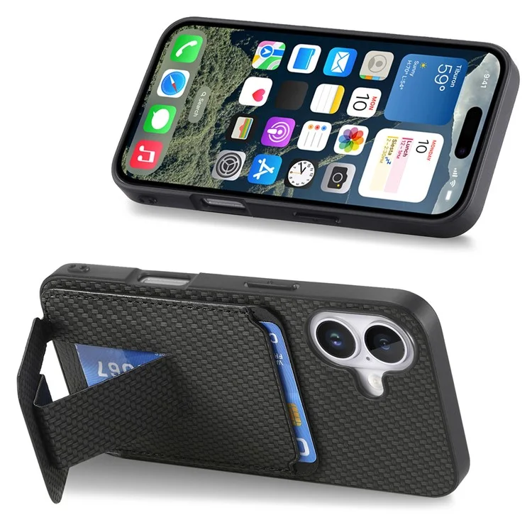 C1-11 Para Iphone 16 Case Soptor de Tarjetas Carbon Fiber Textura de Cuero Cubierta de Teléfono TPU Recubierto de TPU - Negro