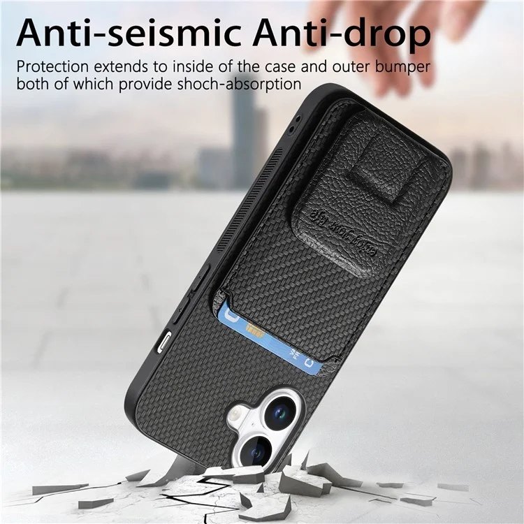 C1-11 Para Iphone 16 Case Soptor de Tarjetas Carbon Fiber Textura de Cuero Cubierta de Teléfono TPU Recubierto de TPU - Negro