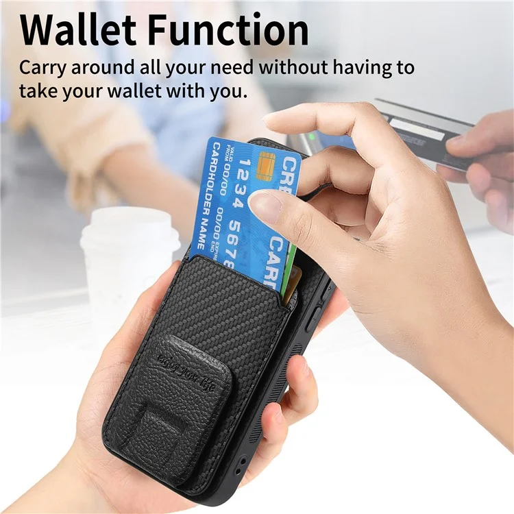 C1-11 Para Iphone 16 Case Soptor de Tarjetas Carbon Fiber Textura de Cuero Cubierta de Teléfono TPU Recubierto de TPU - Negro