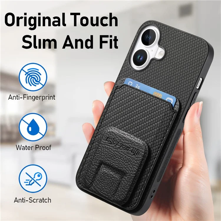 C1-11 Para Iphone 16 Case Soptor de Tarjetas Carbon Fiber Textura de Cuero Cubierta de Teléfono TPU Recubierto de TPU - Negro