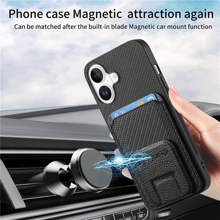C1-11 Para Iphone 16 Case Soptor de Tarjetas Carbon Fiber Textura de Cuero Cubierta de Teléfono TPU Recubierto de TPU - Negro