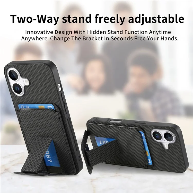 C1-11 Para Iphone 16 Case Soptor de Tarjetas Carbon Fiber Textura de Cuero Cubierta de Teléfono TPU Recubierto de TPU - Negro