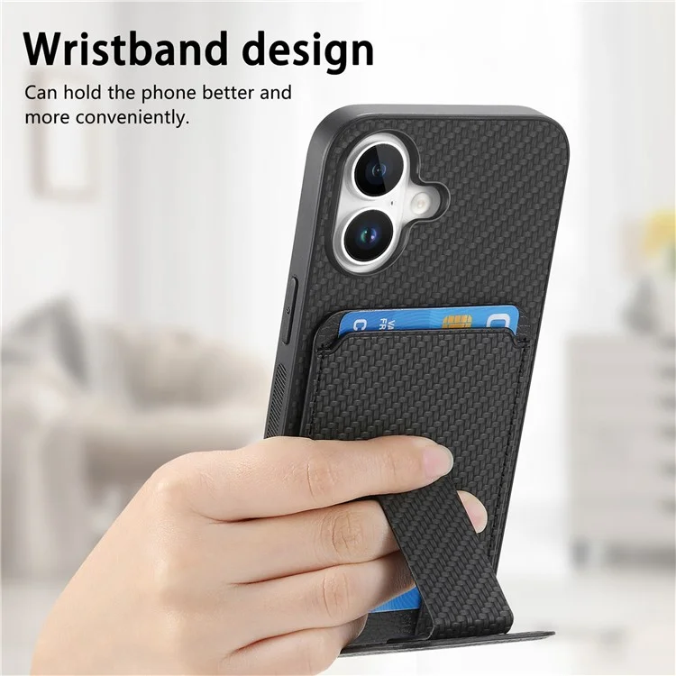 C1-11 Para Iphone 16 Case Soptor de Tarjetas Carbon Fiber Textura de Cuero Cubierta de Teléfono TPU Recubierto de TPU - Negro