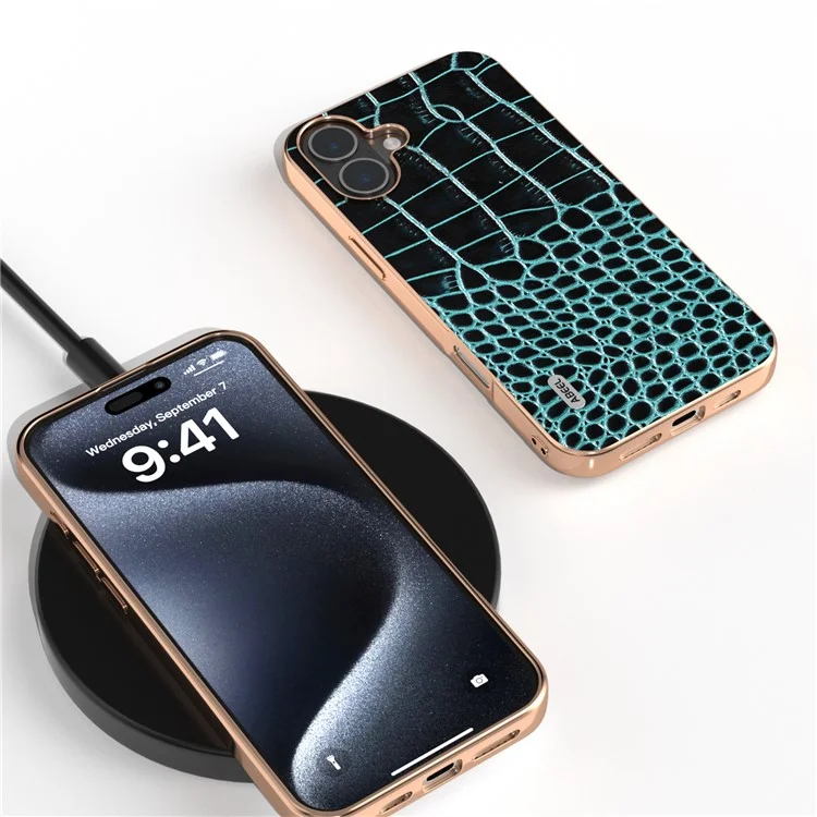 Abeel Para Iphone 16 Estojo Eletroplicar Textura de Crocodilo de Borda - Midnight Green
