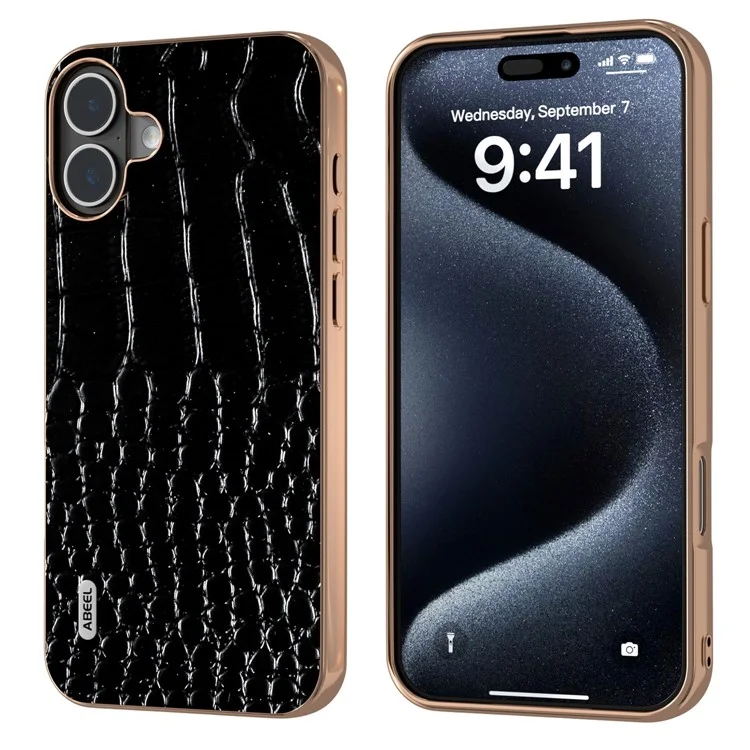 Abeel Für Iphone 16 Plus Case Electroplating Edge Crocodile Textur Echtes Kuhleder -rückenhelfer - Schwarz