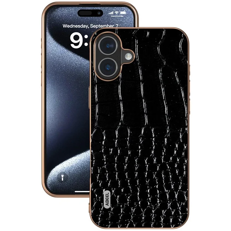Abeel Für Iphone 16 Plus Case Electroplating Edge Crocodile Textur Echtes Kuhleder -rückenhelfer - Schwarz