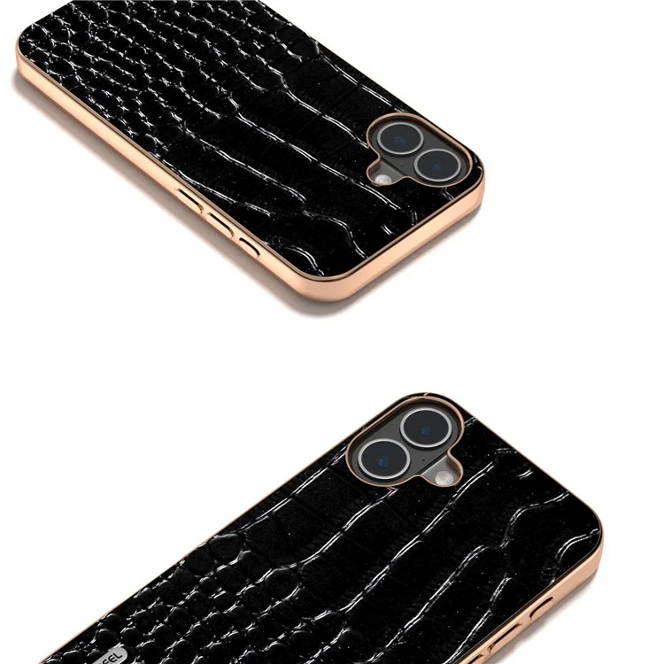 Abeel Für Iphone 16 Plus Case Electroplating Edge Crocodile Textur Echtes Kuhleder -rückenhelfer - Schwarz