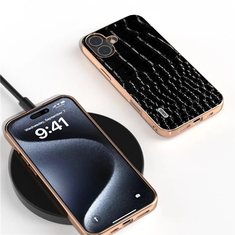 Abeel Für Iphone 16 Plus Case Electroplating Edge Crocodile Textur Echtes Kuhleder -rückenhelfer - Schwarz