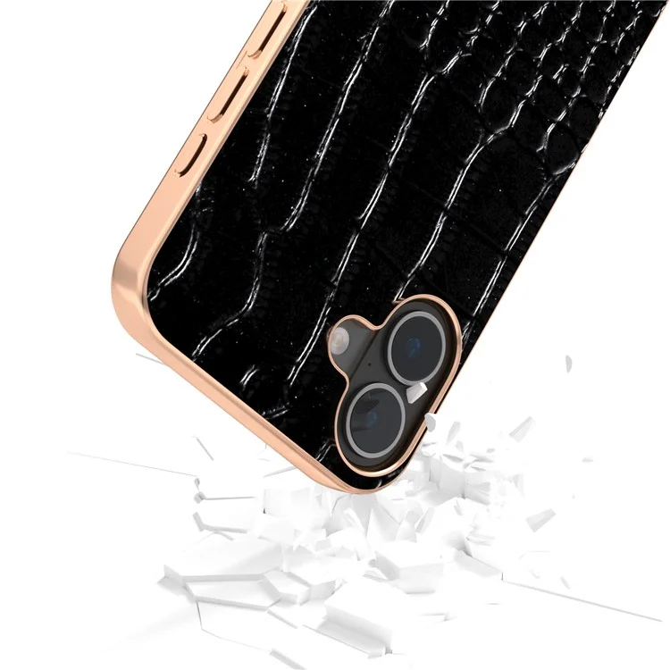 Abeel Für Iphone 16 Plus Case Electroplating Edge Crocodile Textur Echtes Kuhleder -rückenhelfer - Schwarz