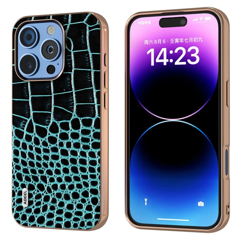 Abeel Per Iphone 16 Pro Case Electroplating Edge Crocodile Texture Copertina Per il Telefono in Pelle Vera - Midnight Green