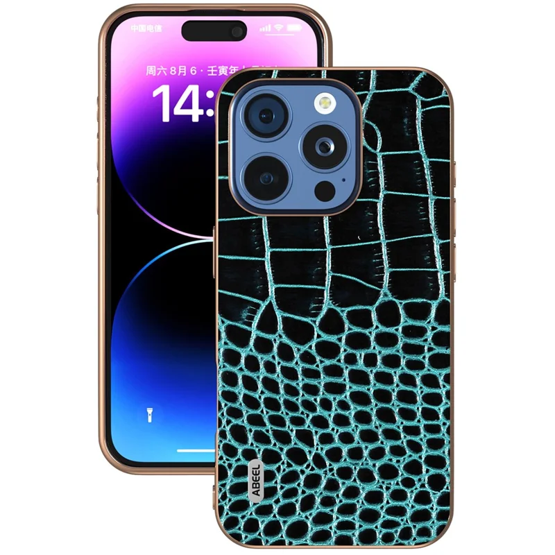 Abeel Per Iphone 16 Pro Case Electroplating Edge Crocodile Texture Copertina Per il Telefono in Pelle Vera - Midnight Green