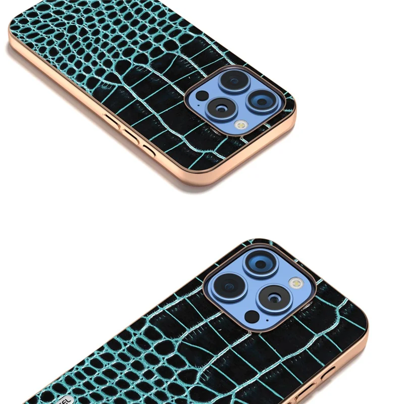 Abeel Per Iphone 16 Pro Case Electroplating Edge Crocodile Texture Copertina Per il Telefono in Pelle Vera - Midnight Green