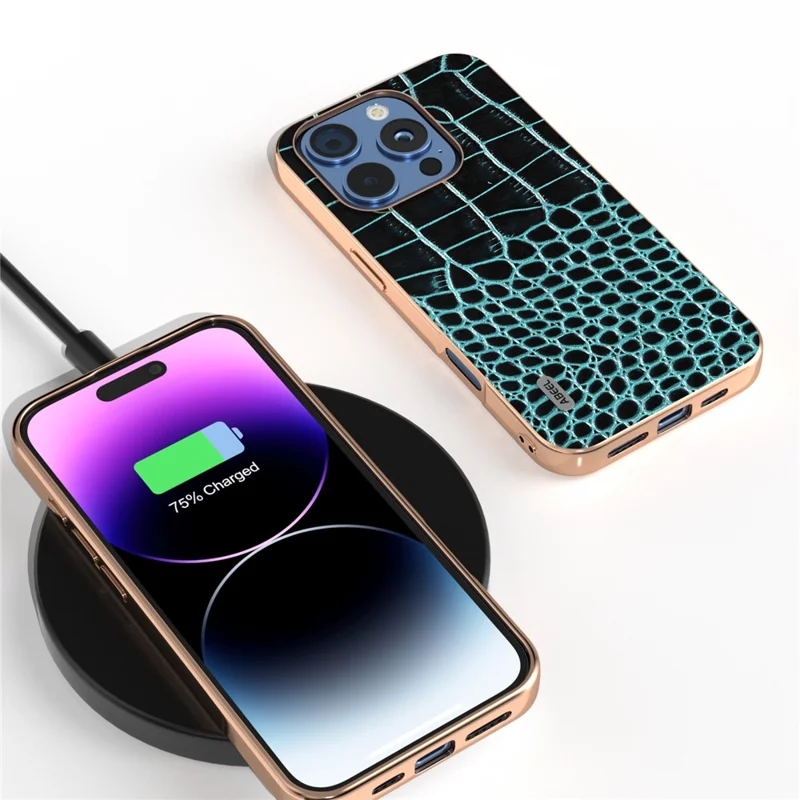 Abeel Per Iphone 16 Pro Case Electroplating Edge Crocodile Texture Copertina Per il Telefono in Pelle Vera - Midnight Green