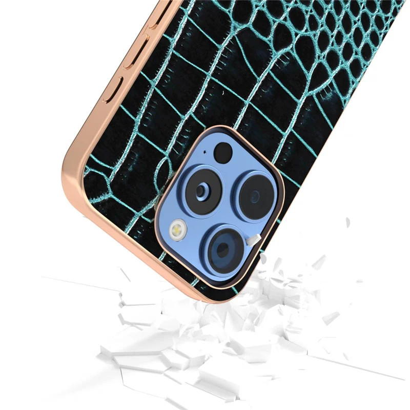 Abeel Per Iphone 16 Pro Case Electroplating Edge Crocodile Texture Copertina Per il Telefono in Pelle Vera - Midnight Green