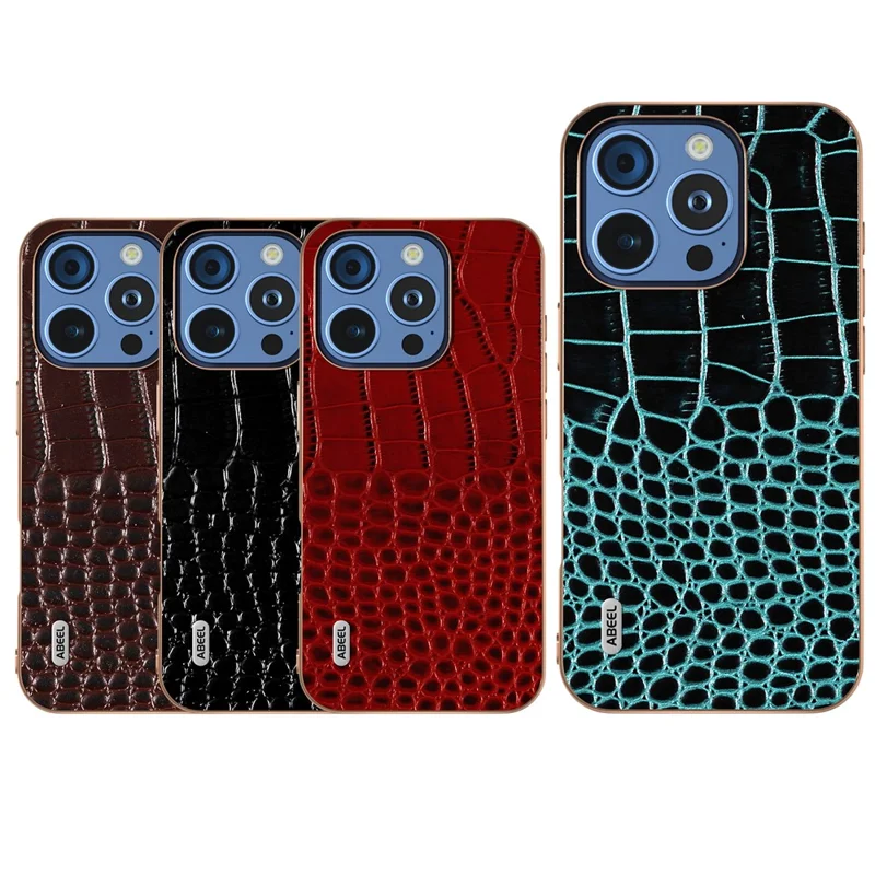 Abeel Per Iphone 16 Pro Case Electroplating Edge Crocodile Texture Copertina Per il Telefono in Pelle Vera - Midnight Green
