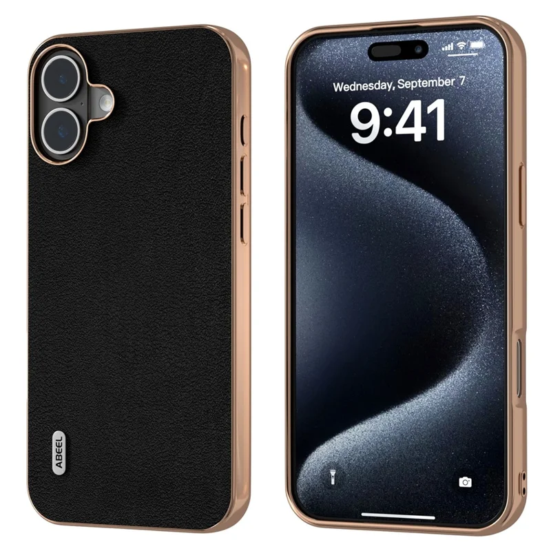 ABEEL Pour Iphone 16 Plus Case Electroplasing Edge Authentine Vow Cuir + pc + Tpu Téléphone Cover - Noir