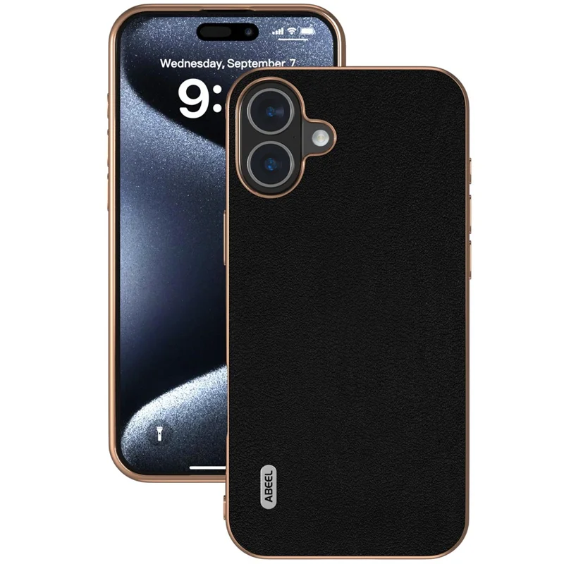 ABEEL Pour Iphone 16 Plus Case Electroplasing Edge Authentine Vow Cuir + pc + Tpu Téléphone Cover - Noir