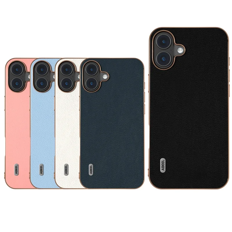 ABEEL Pour Iphone 16 Plus Case Electroplasing Edge Authentine Vow Cuir + pc + Tpu Téléphone Cover - Noir