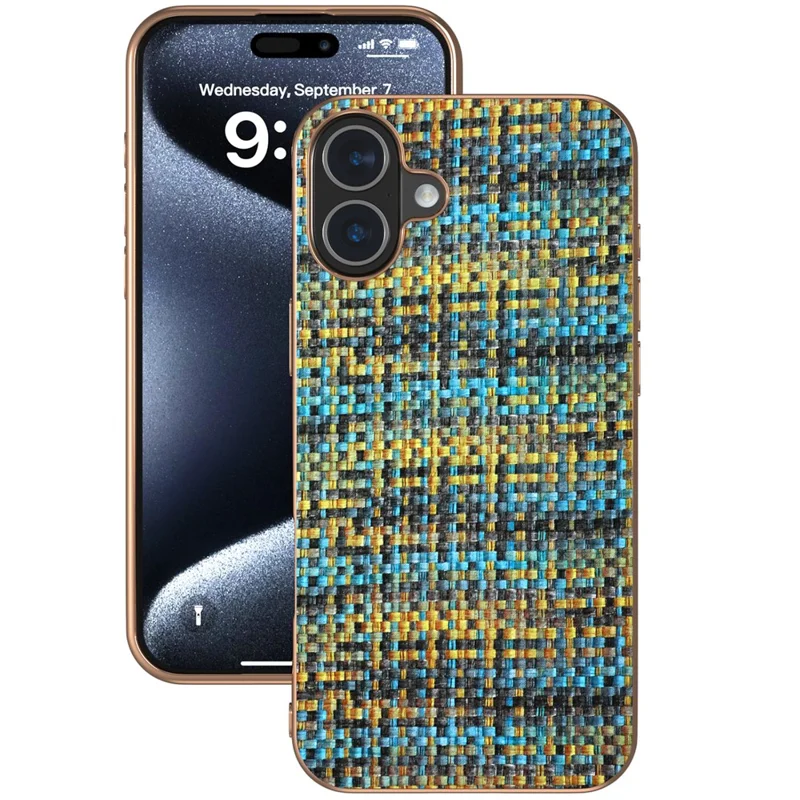 For iPhone 16 Case Electroplating Edge Plaid Texture PU Leather+PC+TPU Phone Cover - Gold