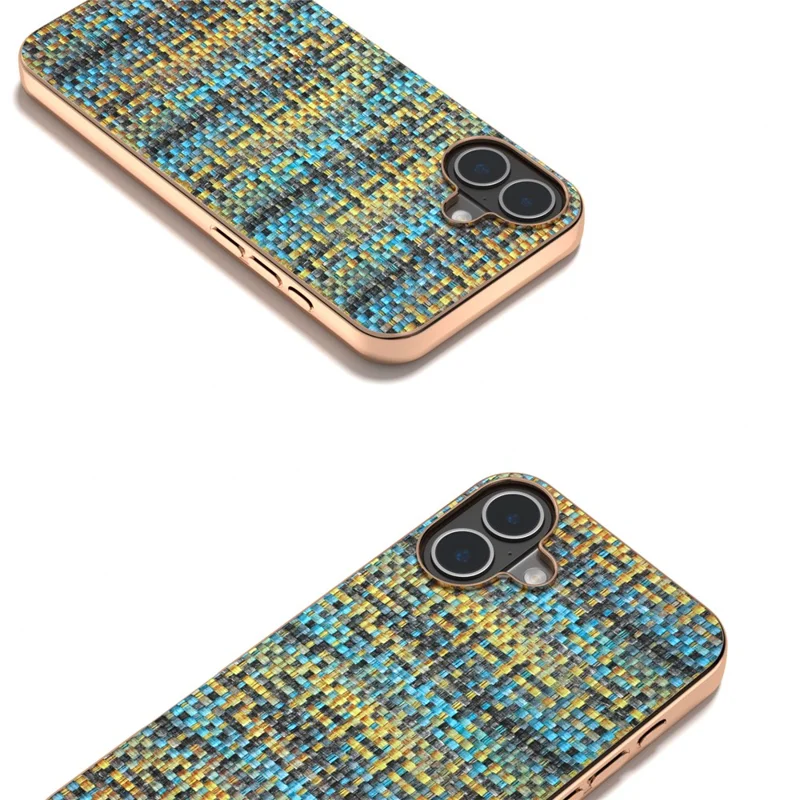 For iPhone 16 Case Electroplating Edge Plaid Texture PU Leather+PC+TPU Phone Cover - Gold
