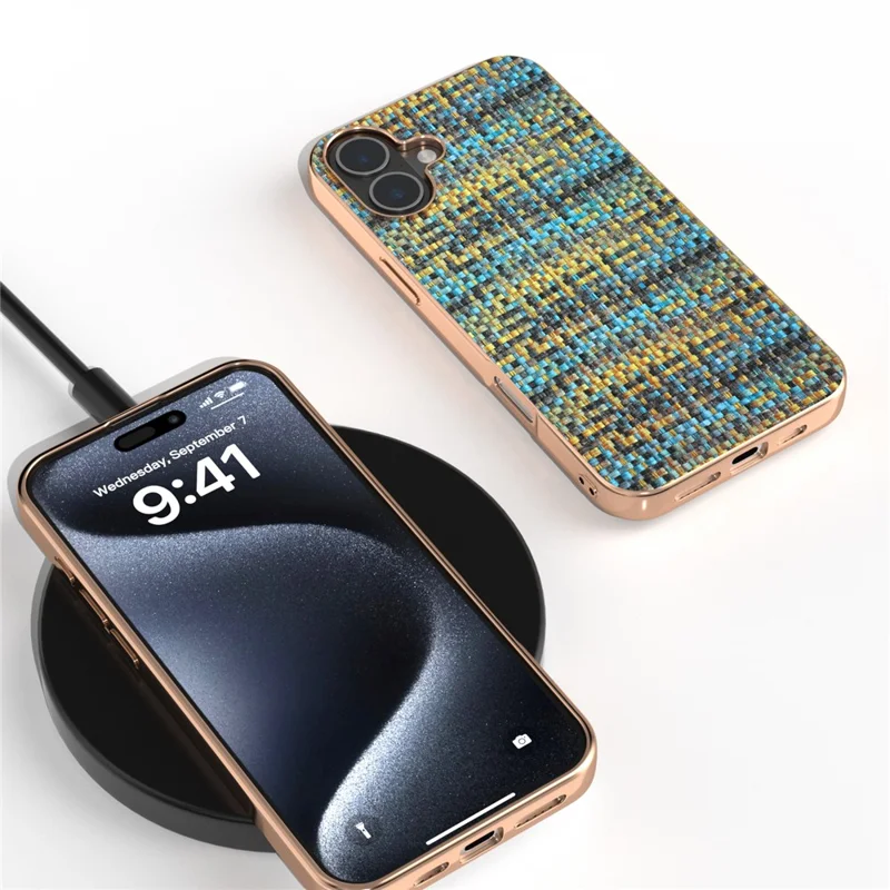 For iPhone 16 Case Electroplating Edge Plaid Texture PU Leather+PC+TPU Phone Cover - Gold