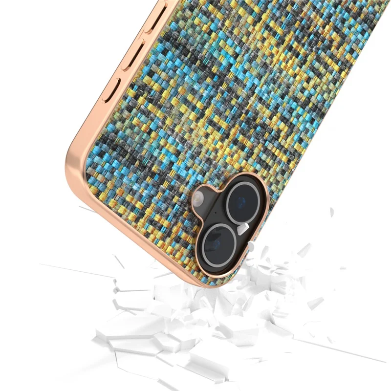 For iPhone 16 Case Electroplating Edge Plaid Texture PU Leather+PC+TPU Phone Cover - Gold