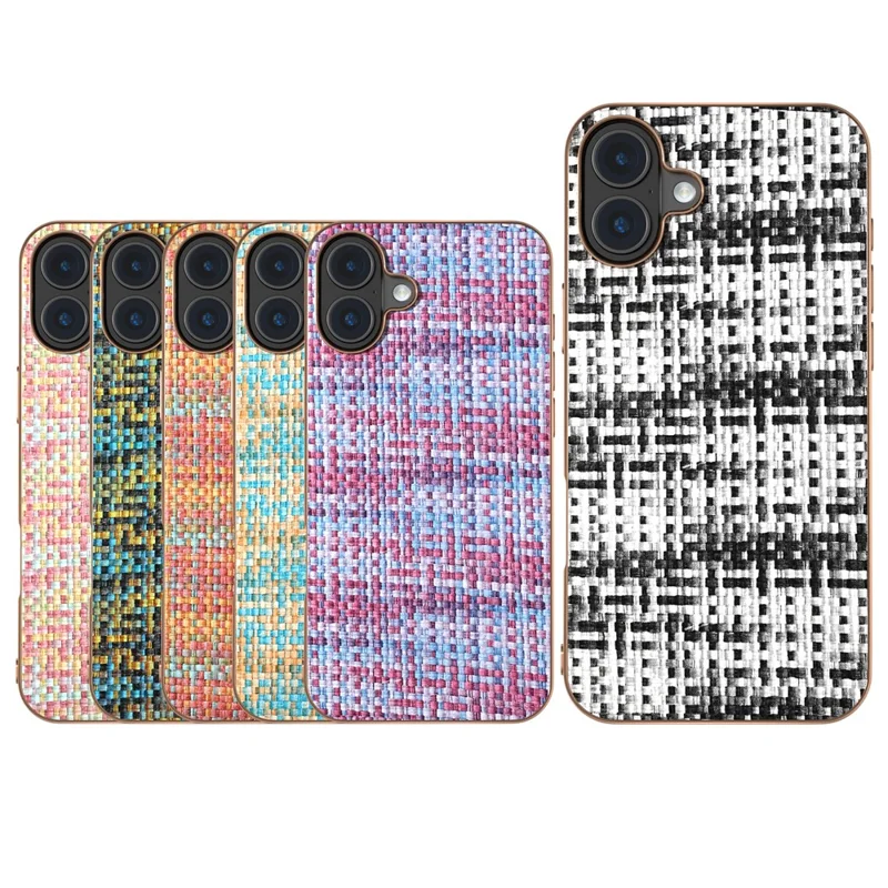 For iPhone 16 Case Electroplating Edge Plaid Texture PU Leather+PC+TPU Phone Cover - Gold