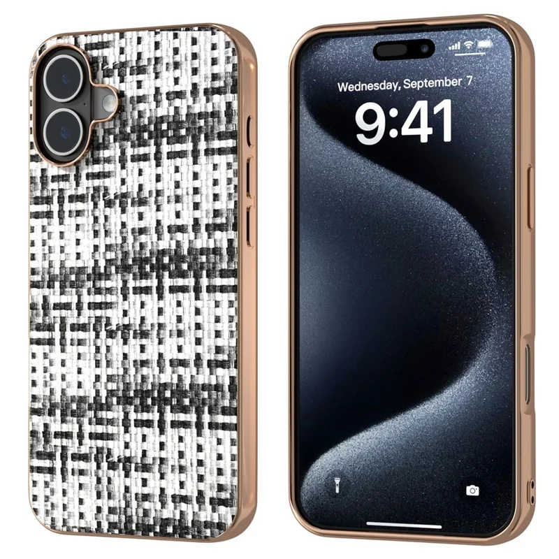 Para Iphone 16 Plus Case Eletroplicar Textura de Plaid Textime - Preto+branco