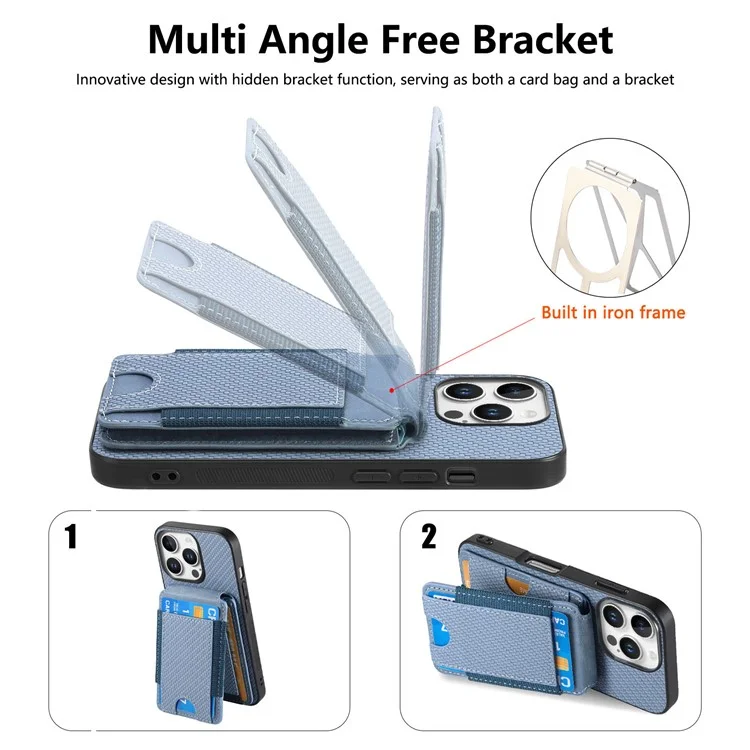 C1-12 Pour Iphone 16 Pro Max Case Carte Holder Leather + pc + Tpu Kickstand Téléphone - Bleu